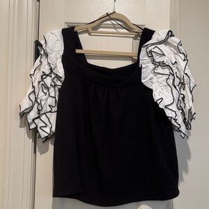Sunday in Brooklyn Black Top with White Ruffle Puff Sleeves NWT